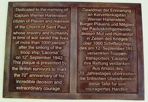 Gedenktafel fr Werner Hartenstein, angebracht in der Pauluskirche Plauen, Bronze, Gieerei Ihle (Dresden), 2012
